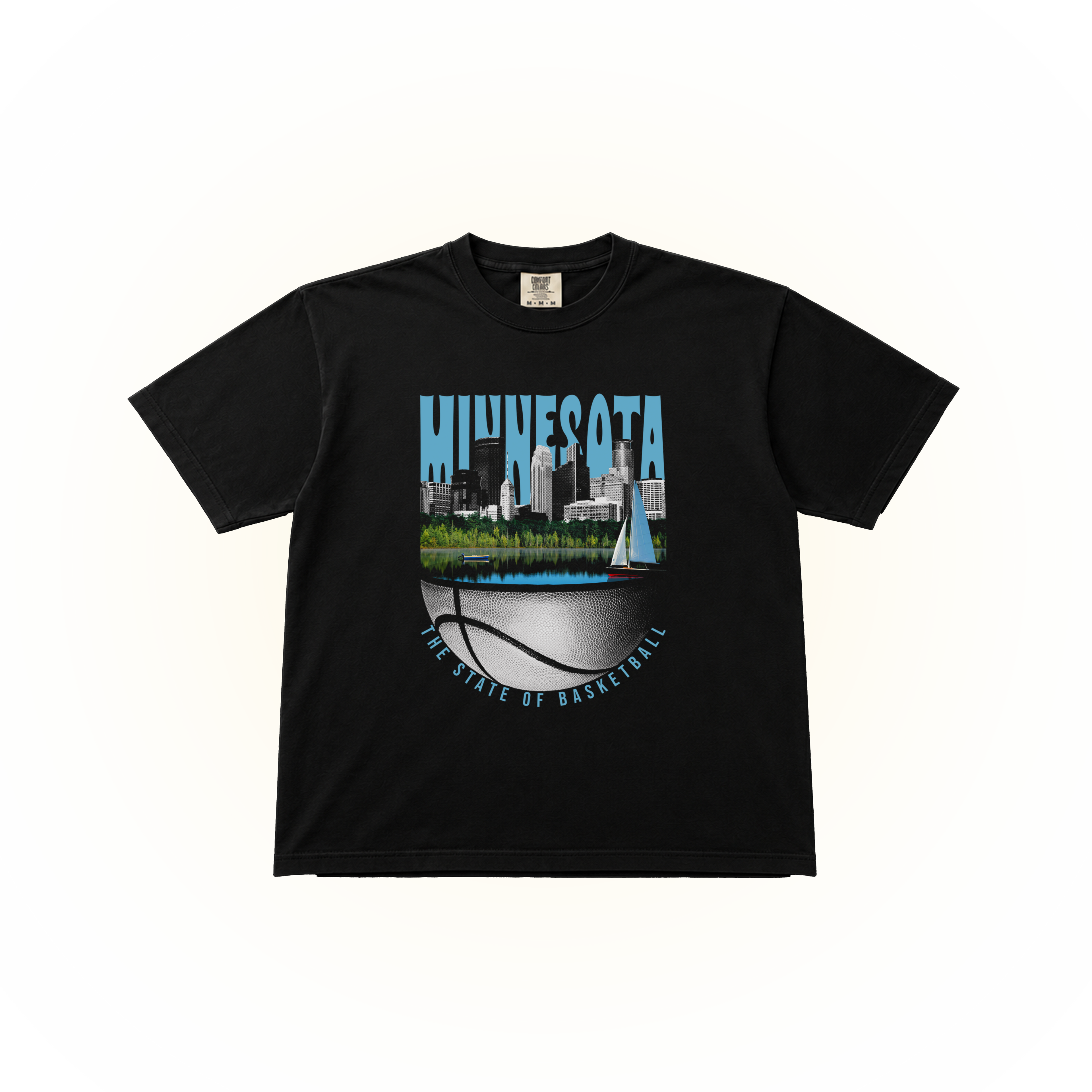 Vintage-style, Minnesota basketball graphic on a black Comfort Colors t-shirt. This design shows Minneapolis calling Minnesota the state of basketball.