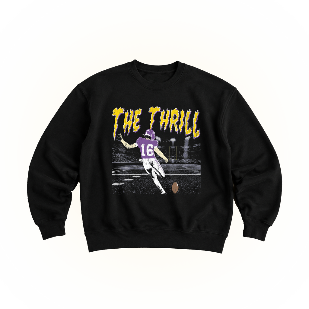Black Lane Seven LS14004 crewneck sweatshirt with retro 'The Thrill' graphic print