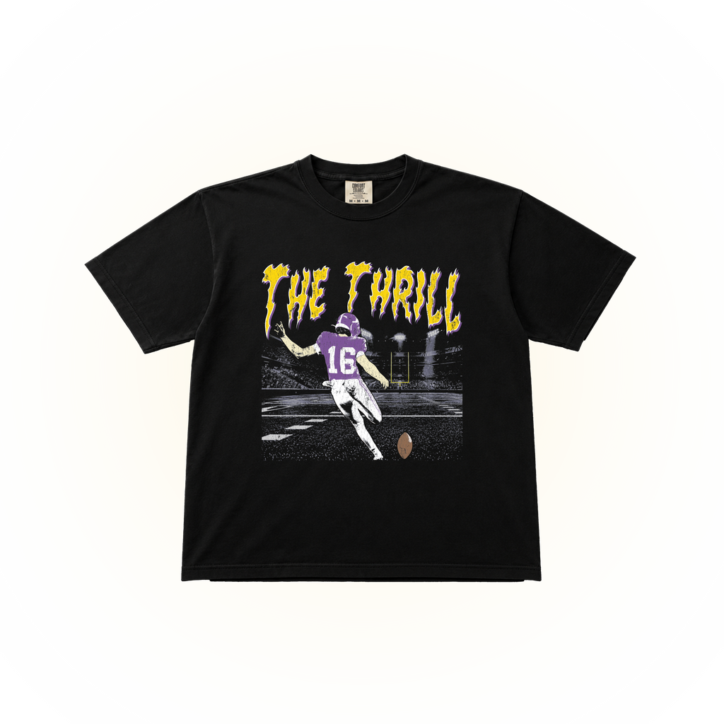 Black retro graphic t-shirt with 'The Thrill' print on Comfort Colors 1717 cotton