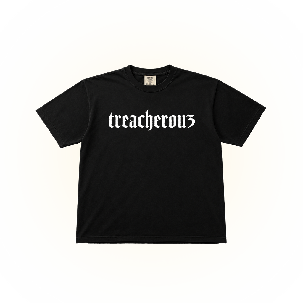 Black t-shirt with 'treacherous' text but the s is a 3 for Jaden McDaniels. This graphic is on a black Comfort Colors t-shirt