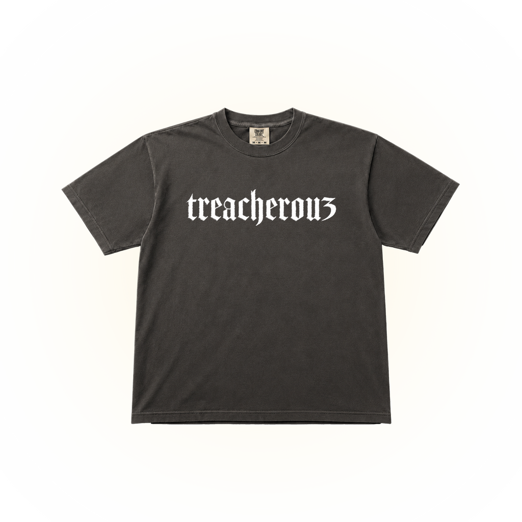 Pepper t-shirt with 'treacherous' text but the s is a 3 for Jaden McDaniels. This graphic is on a pepper Comfort Colors t-shirt