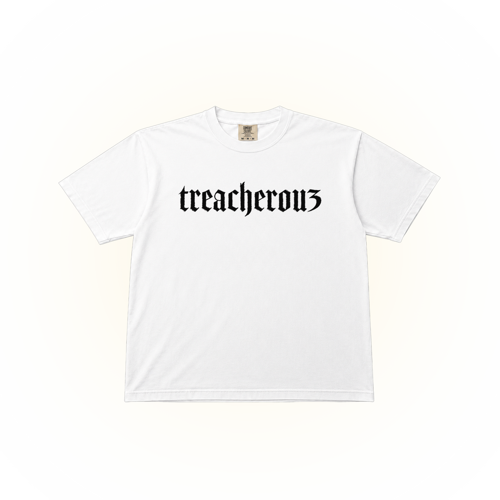 White t-shirt with 'treacherous' text but the s is a 3 for Jaden McDaniels. This graphic is on a white Comfort Colors t-shirt