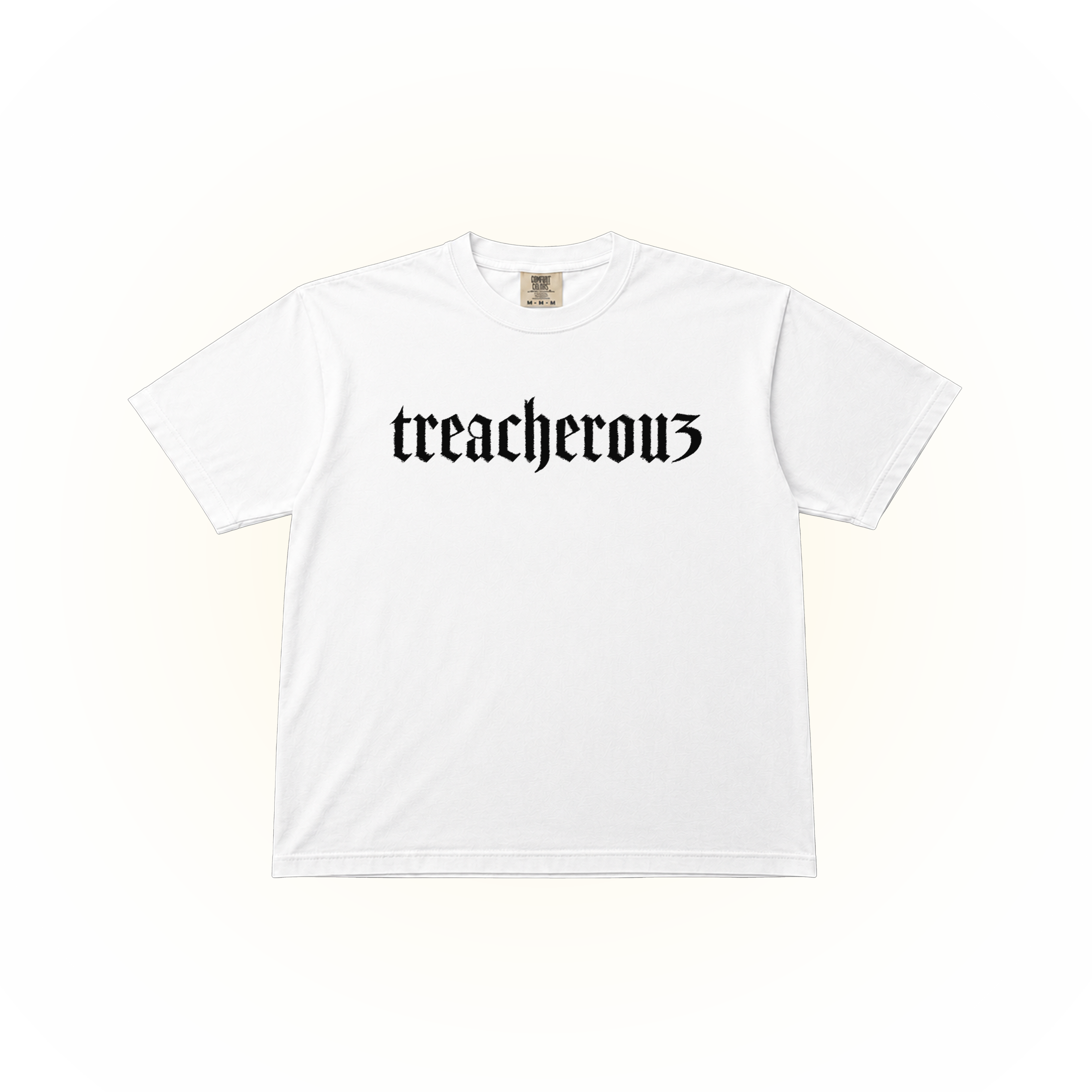 White t-shirt with 'treacherous' text but the s is a 3 for Jaden McDaniels. This graphic is on a white Comfort Colors t-shirt