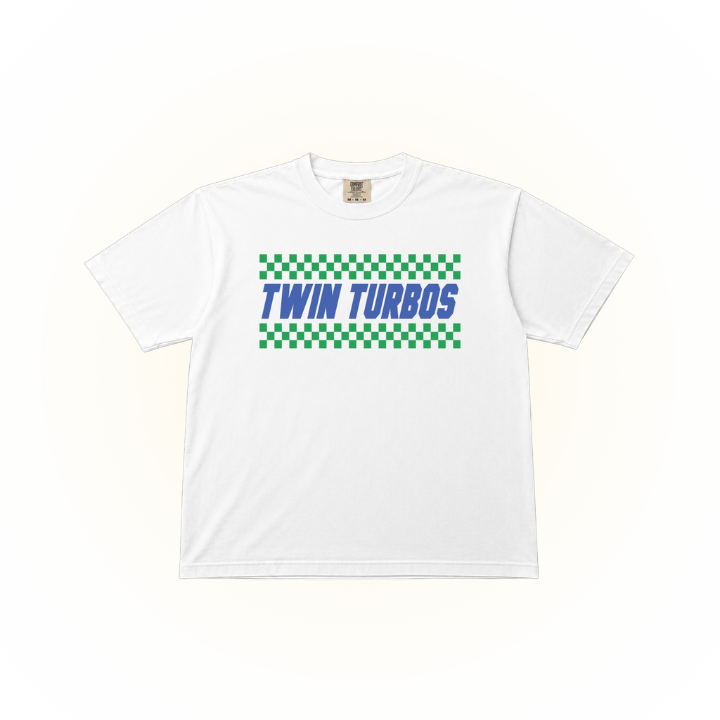 Racing-style, white t-shirt with 'TWIN TURBOS' text and checkered pattern on a Comfort Colors t-shirt