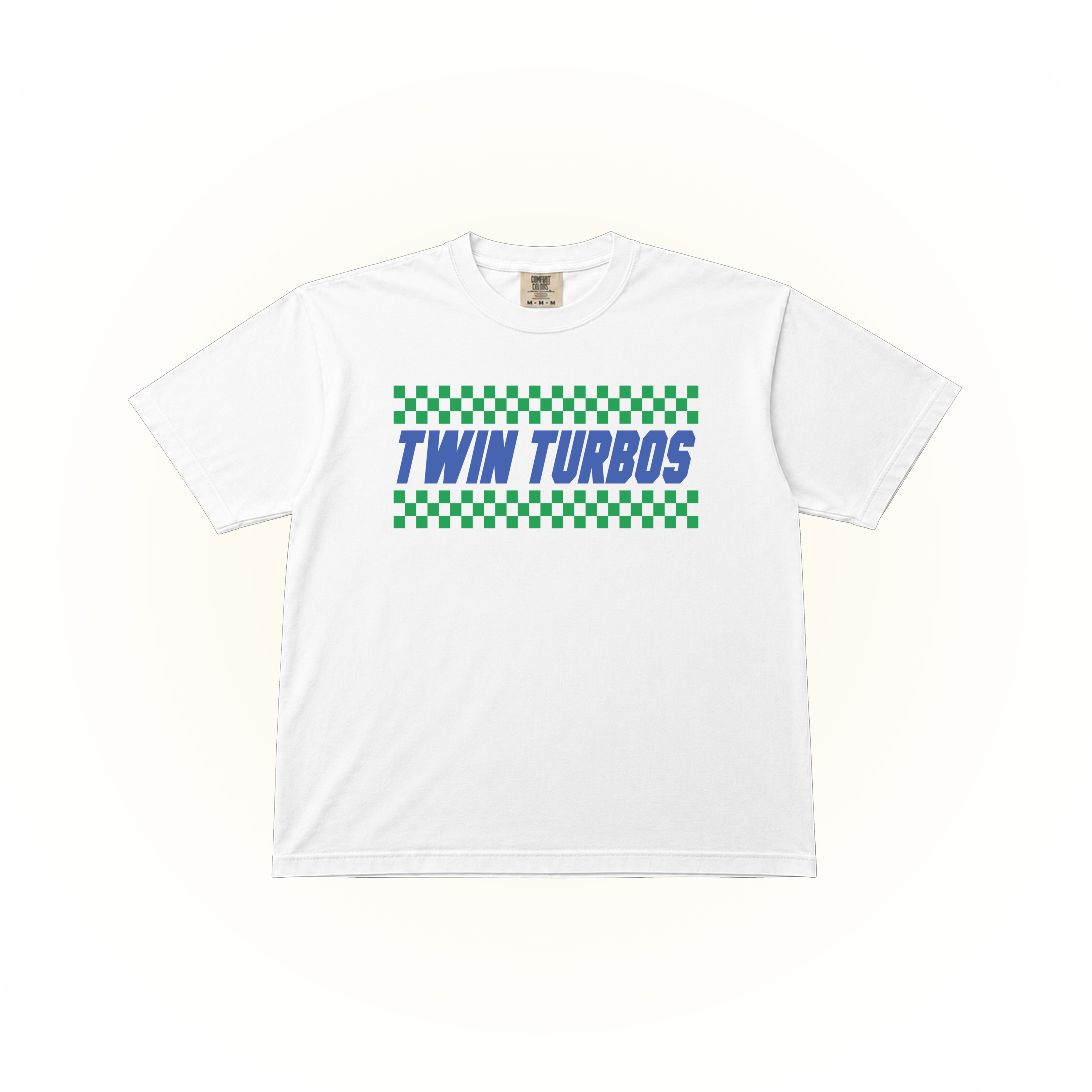Racing-style, white t-shirt with 'TWIN TURBOS' text and checkered pattern on a Comfort Colors t-shirt