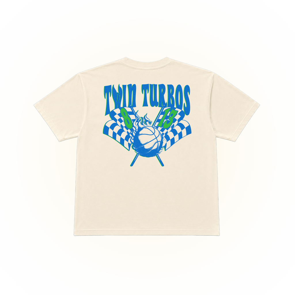 Racing style Twin Turbos graphic on a ivory Comfort Colors t-shirt