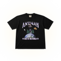 Vintage-style, Minnesota basketball star Anthony Edwards graphic with text saying "Ant Man" and that he's the "best in the world". Ant Man is standing on Earth doing his signature 3-point celebration. This graphic is on a black Comfort Colors t-shirt