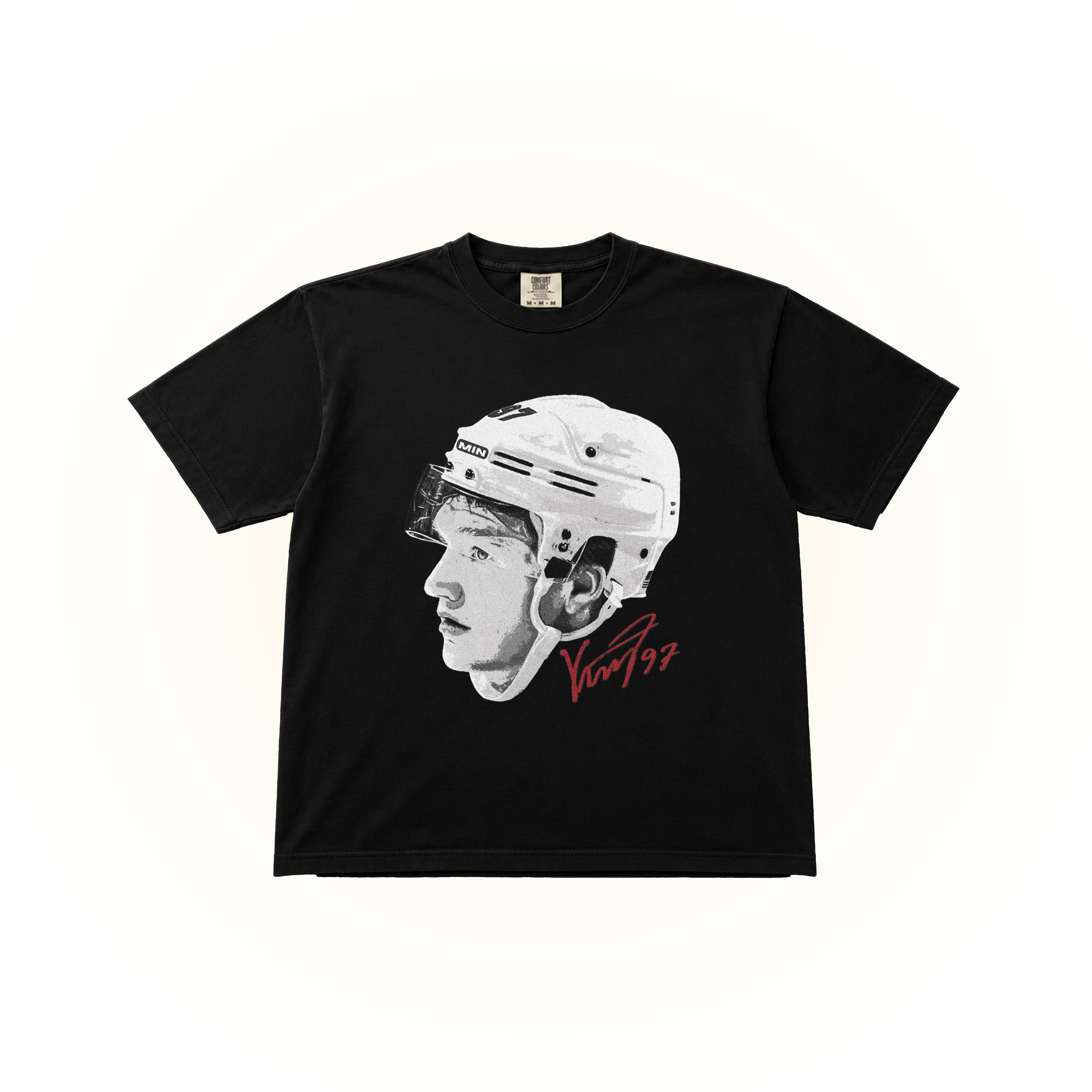 Vintage-style Minnesota hockey star Kirill Kaprizov graphic on a black Comfort Colors t-shirt