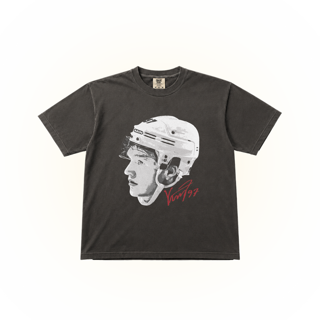 Vintage-style Minnesota hockey star Kirill Kaprizov graphic on a pepper Comfort Colors t-shirt
