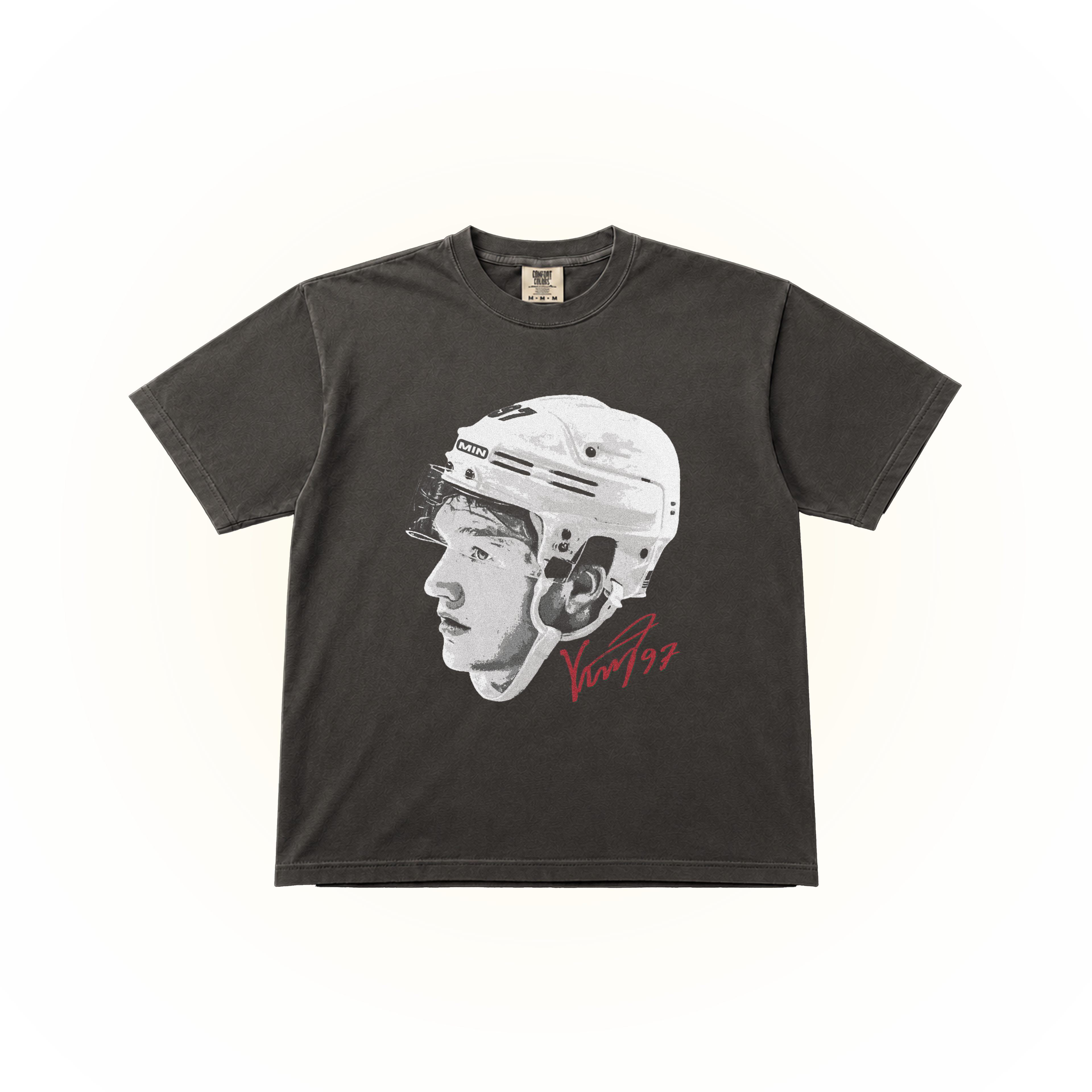 Vintage-style Minnesota hockey star Kirill Kaprizov graphic on a pepper Comfort Colors t-shirt