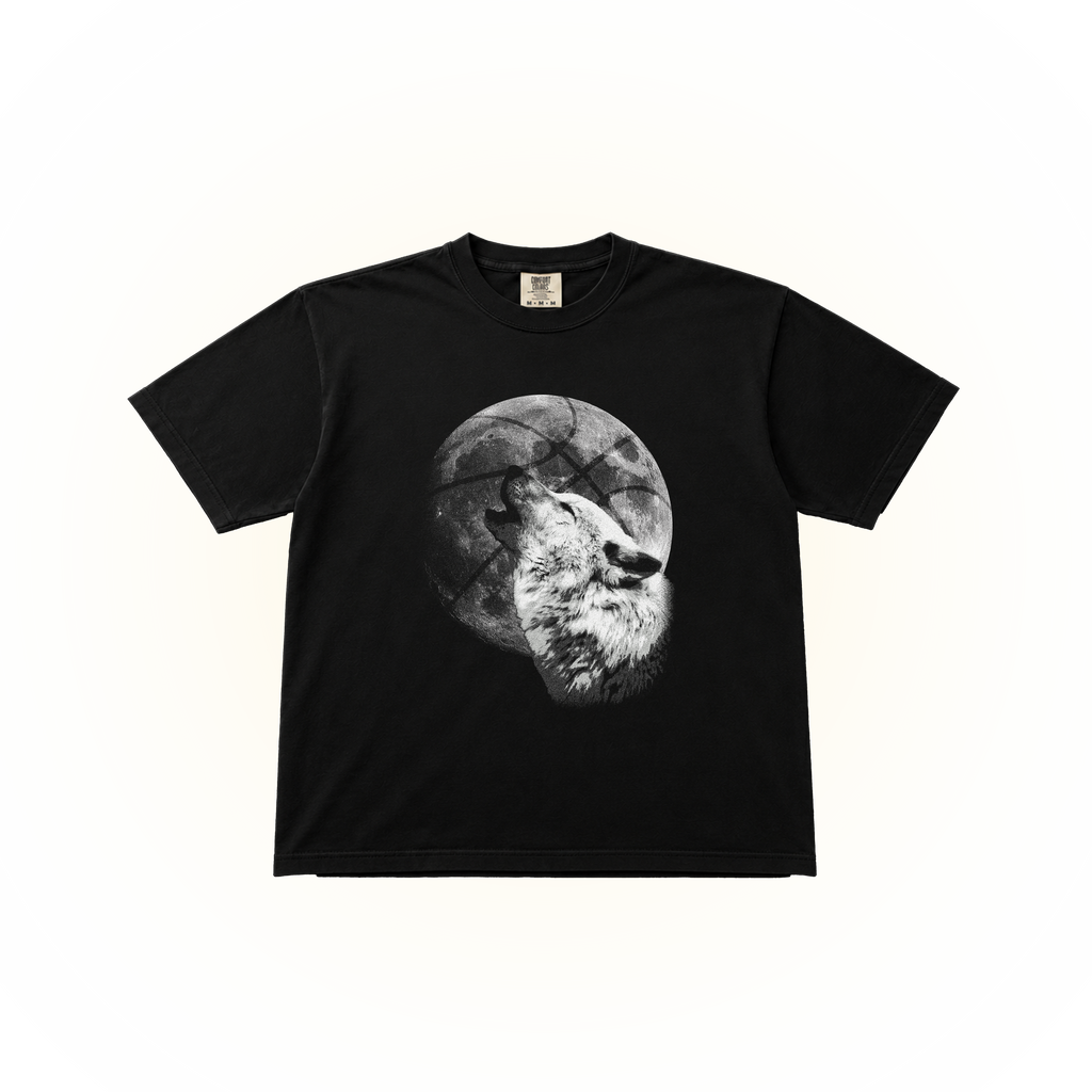 Vintage-style, Minnesota basketball graphic of a wolf howling at a basketball moon on a black Comfort Colors t-shirt