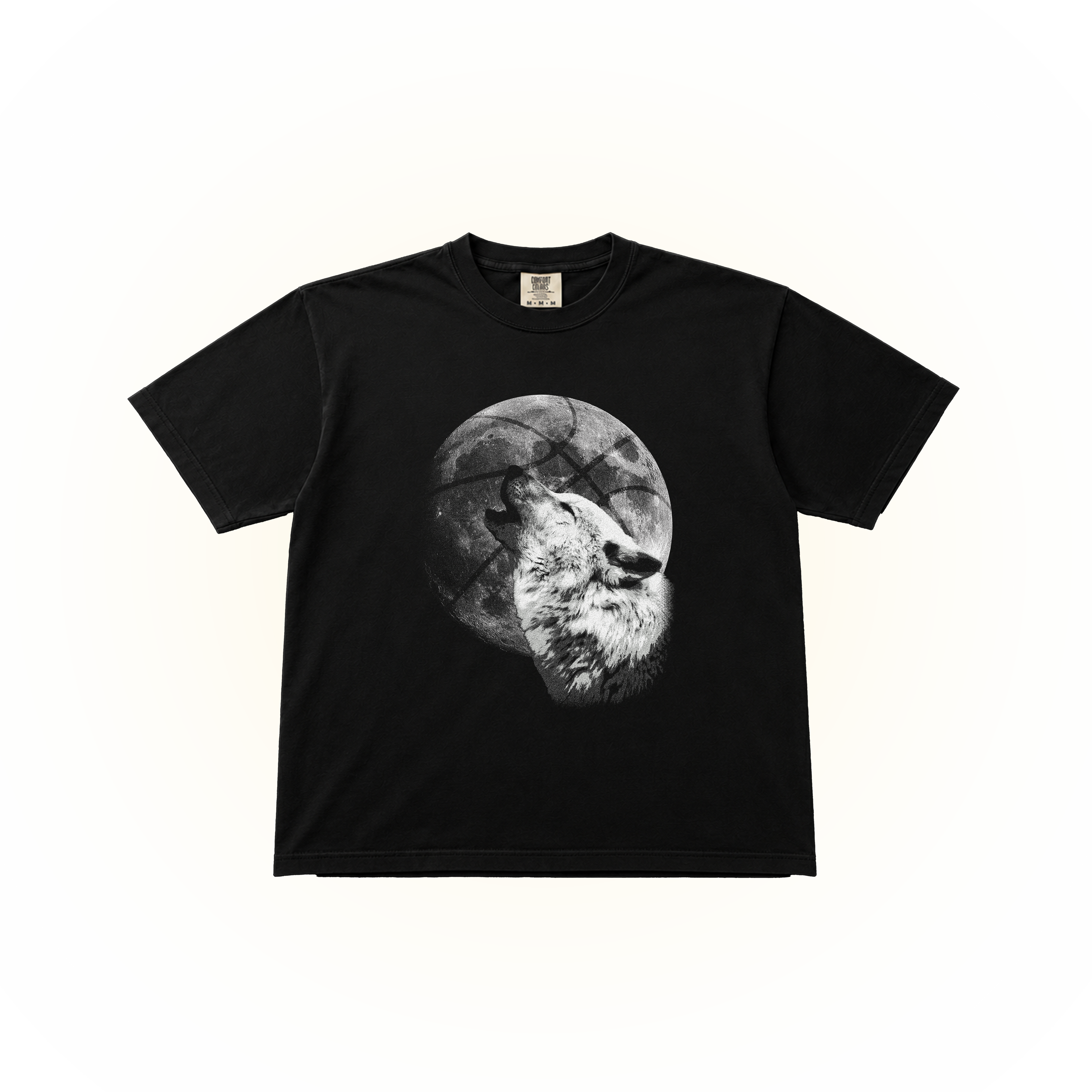 Vintage-style, Minnesota basketball graphic of a wolf howling at a basketball moon on a black Comfort Colors t-shirt