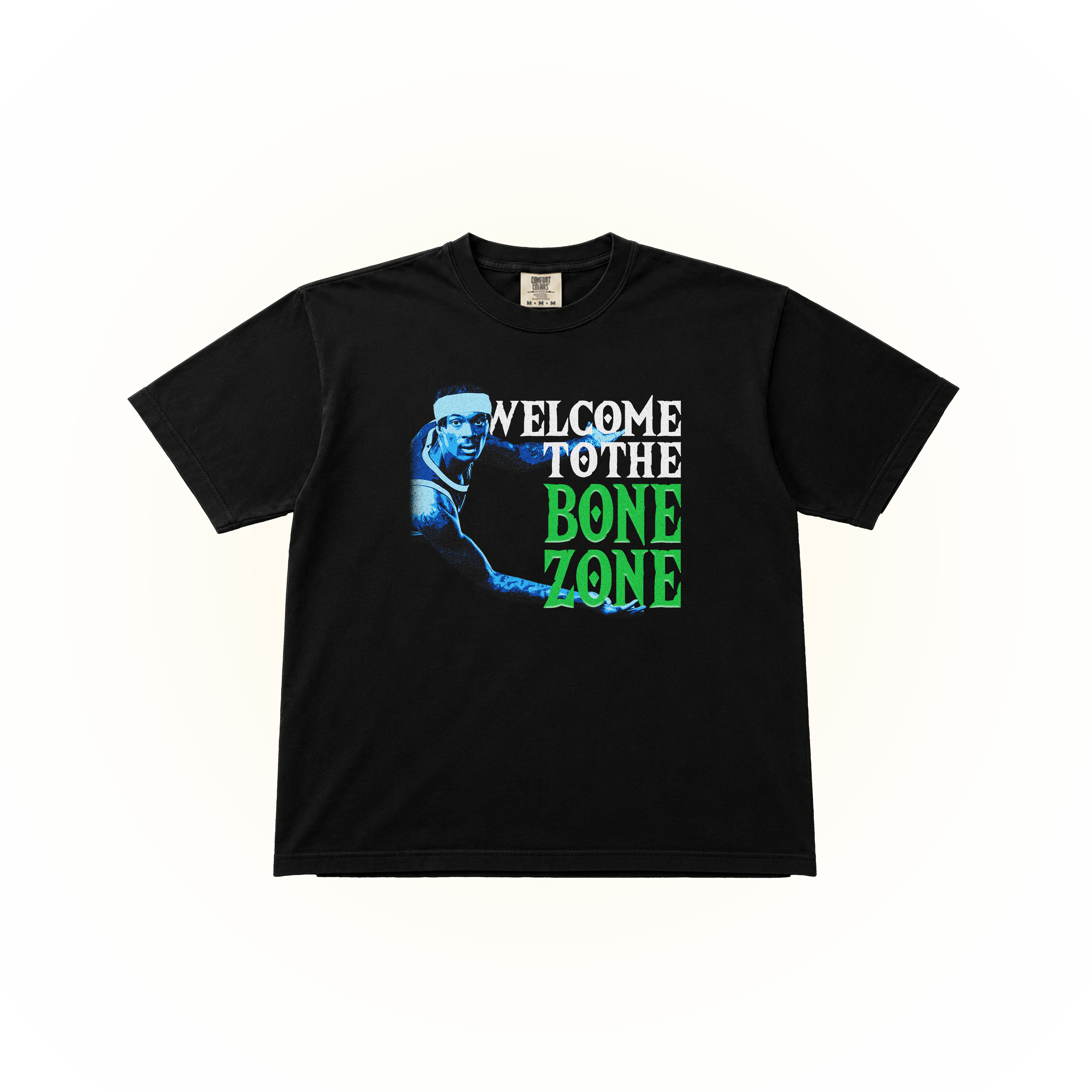 Black Comfort Colors t-shirt with graphic design of Bones Hyland and text 'Welcome to the Bone Zone'