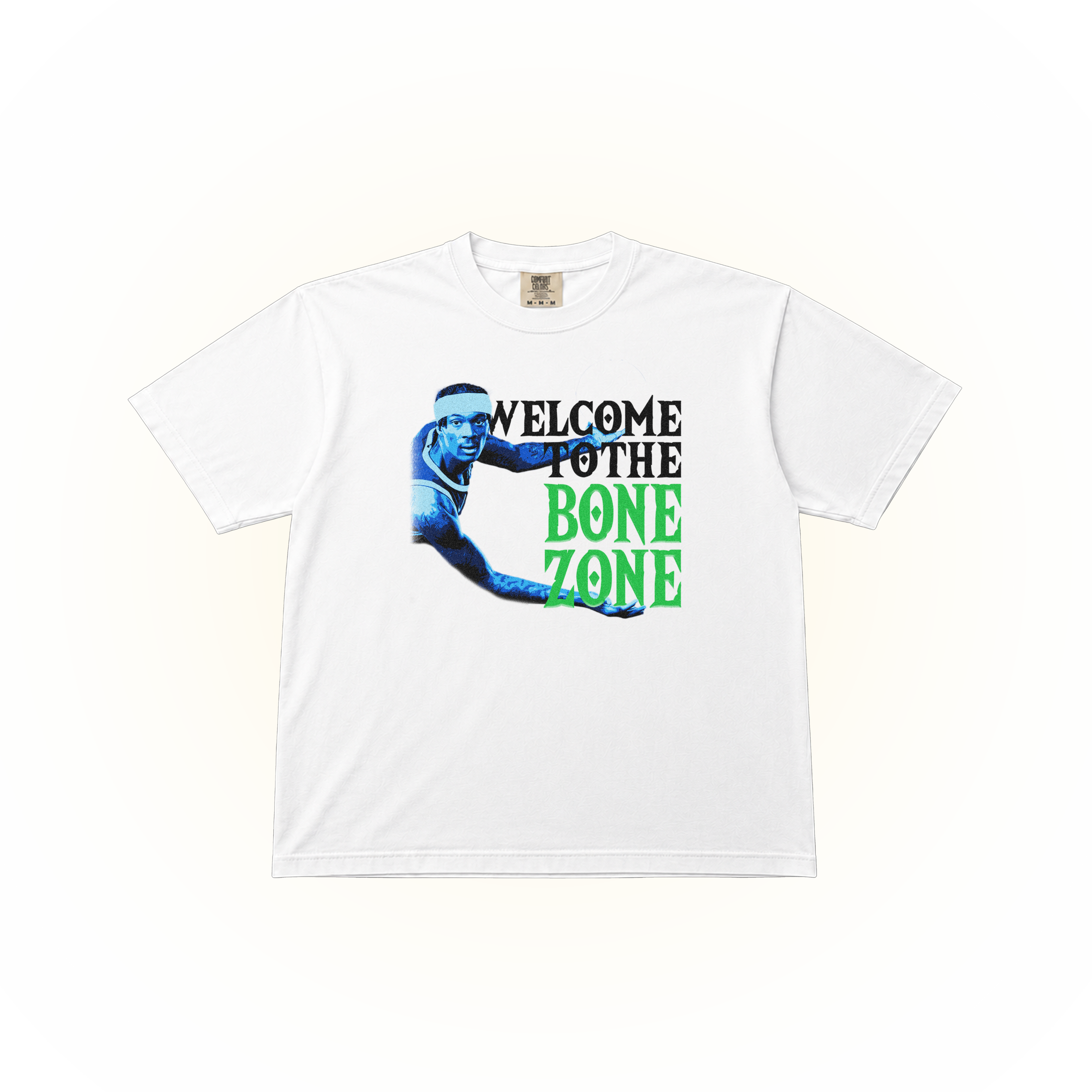 White Comfort Colors t-shirt with graphic design of Bones Hyland and text 'Welcome to the Bone Zone'