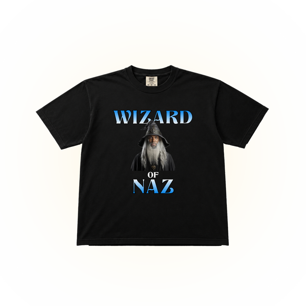 Black Comfort Colors t-shirt with a graphic of a wizard and text 'Wizard of Naz'