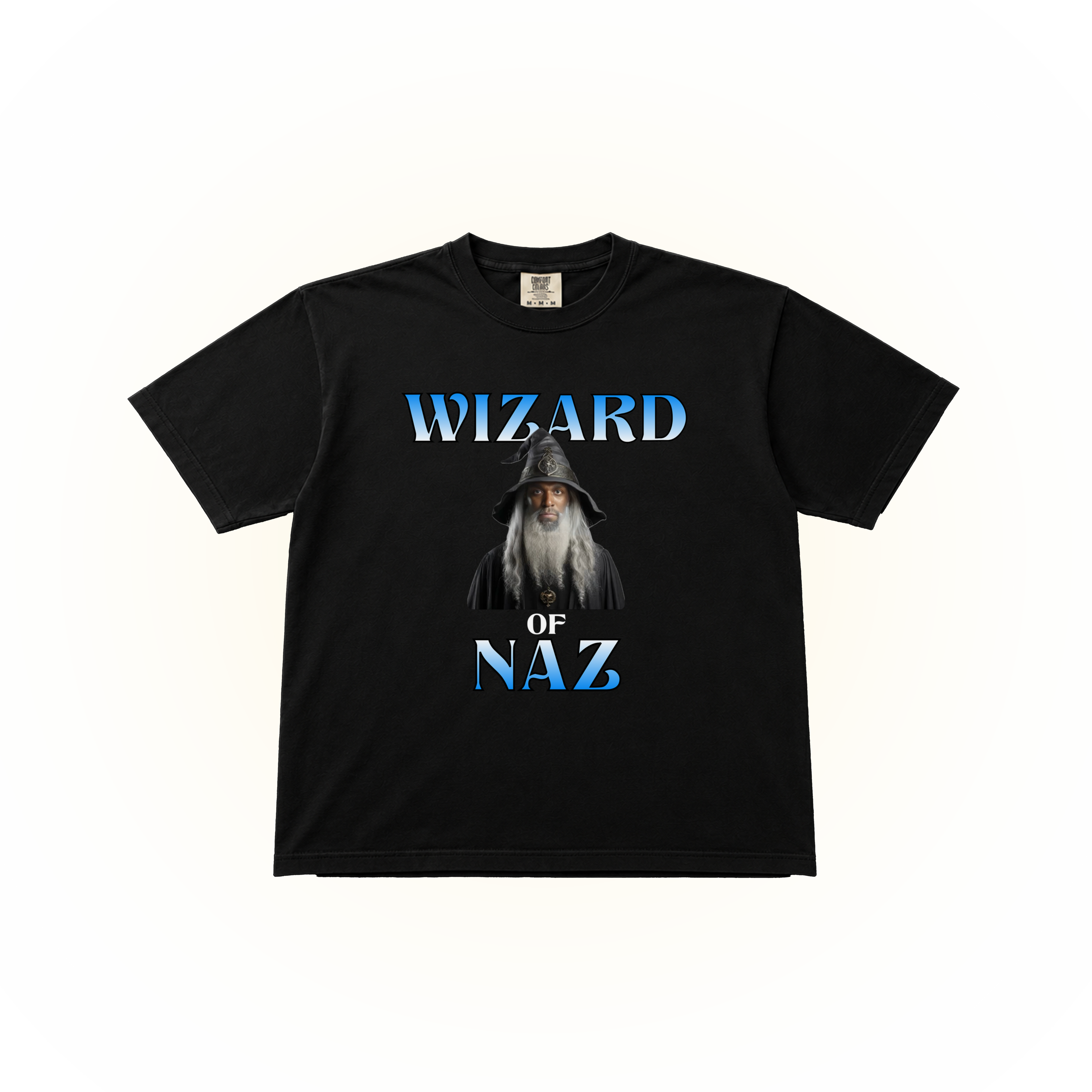 Black Comfort Colors t-shirt with a graphic of a wizard and text 'Wizard of Naz'